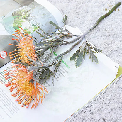 Vintage Faux Dried Artificial Pincushion Flower - Short Branch Crab Claw,  Flocked Frost, 2 Heads, 15in