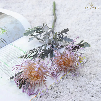 Vintage Faux Dried Artificial Pincushion Flower - Short Branch Crab Claw,  Flocked Frost, 2 Heads, 15in