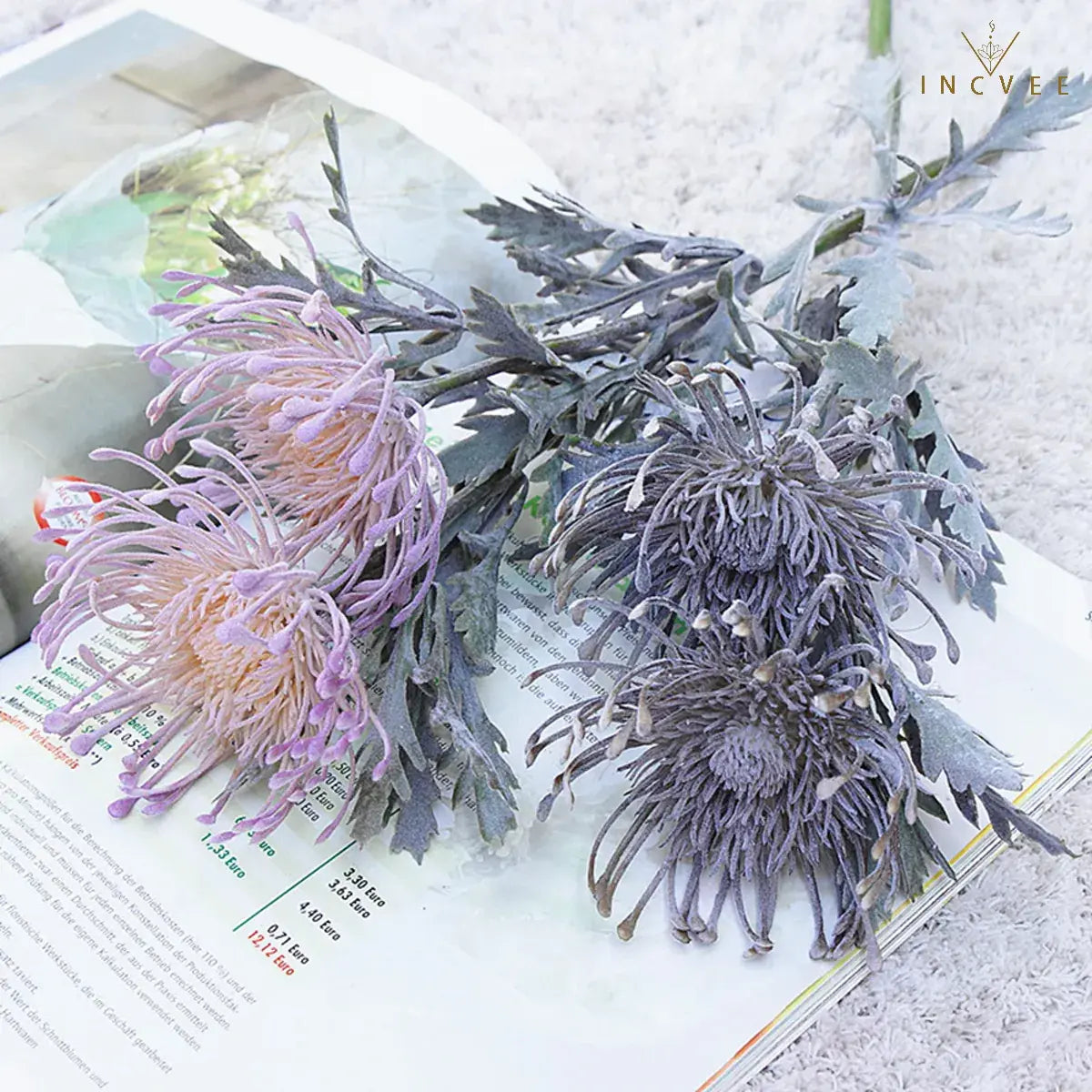 Vintage Faux Dried Artificial Pincushion Flower - Short Branch Crab Claw,  Flocked Frost, 2 Heads, 15in