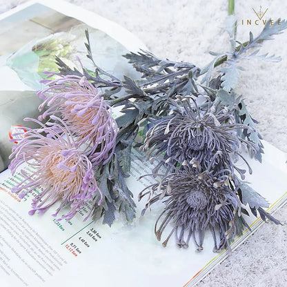 Vintage Faux Dried Artificial Pincushion Flower - Short Branch Crab Claw,  Flocked Frost, 2 Heads, 15in