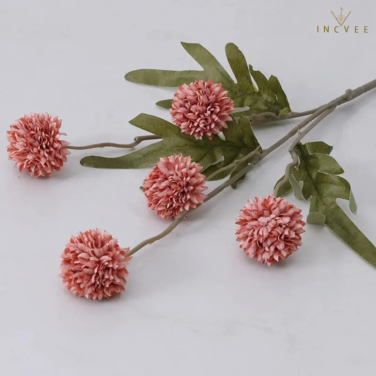 Zen Dried Look Faux Dandelion Flowers - Velvet Flocked, 5-Head Thorn Ball, 51.5cm, 9-Color