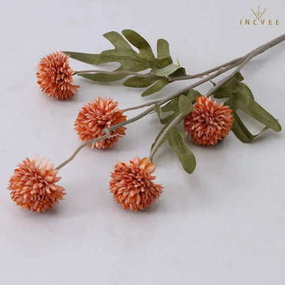 Zen Dried Look Faux Dandelion Flowers - Velvet Flocked, 5-Head Thorn Ball, 51.5cm, 9-Color