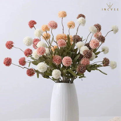 Zen Dried Look Faux Dandelion Flowers - Velvet Flocked, 5-Head Thorn Ball, 51.5cm, 9-Color
