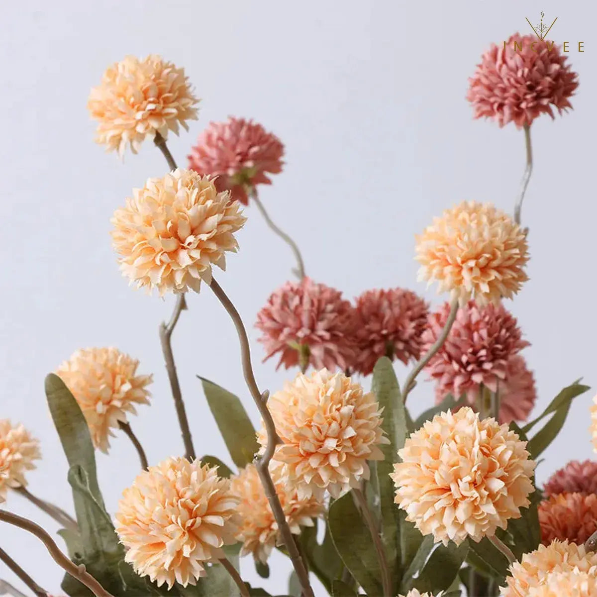 Zen Dried Look Faux Dandelion Flowers - Velvet Flocked, 5-Head Thorn Ball, 51.5cm, 9-Color