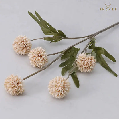Zen Dried Look Faux Dandelion Flowers - Velvet Flocked, 5-Head Thorn Ball, 51.5cm, 9-Color